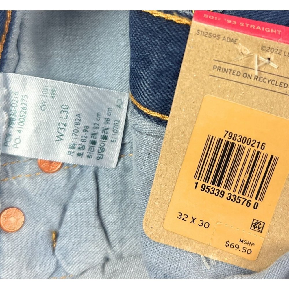 Levis 501 93 Mens 32x30 Straight Leg Dark Blue Jeans Button Fly Stretch Red Tab - Picture 6 of 11
